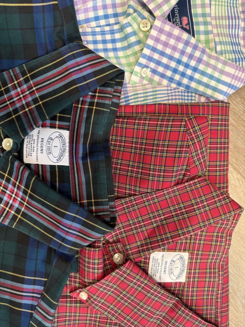 Brooks Brother Classic Plaid Button-Down Shirts Green, Red, plaid lot of 3 large